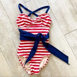 Albion Red & White Stripe One-Piece Swimsuit with Blue Sash | X-Small